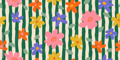 Trendy floral seamless pattern with vertical stripes. Modern flowers print design for fabric, textiles, clothing, packaging, cover, banner, home decor and backgrounds. Vector illustrations.