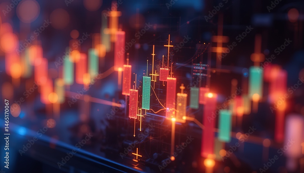 Fototapeta premium Abstract Candlestick Chart with Glowing Lines and Bokeh Backgrou