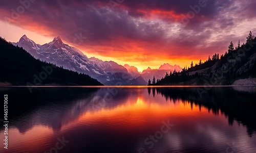 Wallpaper Mural A breathtaking sunset over a tranquil lake surrounded by majestic mountains, with vibrant colors reflecting on the water's surface, creating a serene atmosphere Torontodigital.ca