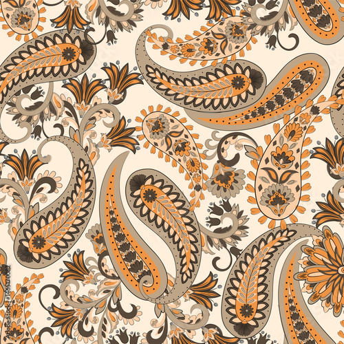 Paisley vector seamless pattern. Fantastic flower, leaves. Textile bohemian print. Batik painting. Vintage