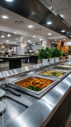 Buffet style restaurant serving vegetable dishes in metal containers food presentation and catering services for large groups for diverse palates
