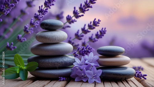 A peaceful and serene spa-inspired scene featuring a stack of smooth zen stones placed on a wooden surface next to fresh lavender flowers. perfect for wellness, spa, or aromatherapy themes. 