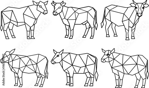 Set of geometric cow outline vector illustration line art