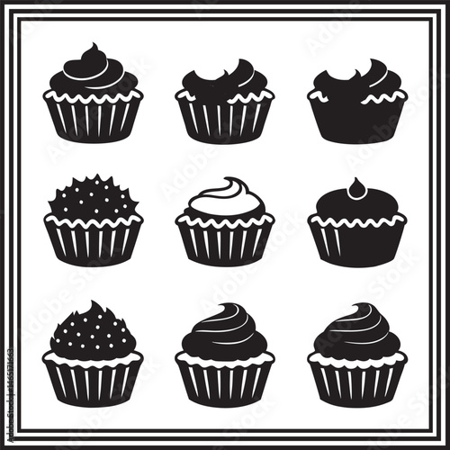 Cupcake silhouette set – vector collection of decorated cupcakes with frosting, sprinkles, and bite marks – dessert icons for bakery clipart, pastry design, and sweet illustrations