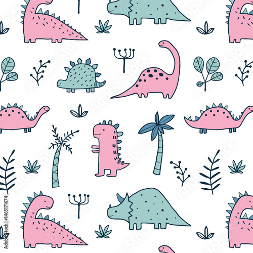Hand drawn dinosaur pattern collection. Cute dinosaur design set. Perfect for kids fabric, textile, nursery wallpaper. Vector illustration.