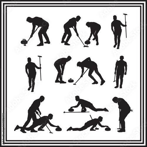Curling silhouettes collection – vector set of athletes sweeping, delivering stones, and playing team curling – winter sports action in black silhouette style for illustrations

