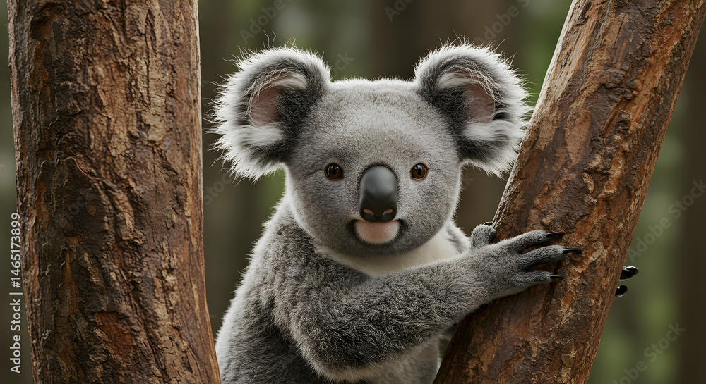 Obraz premium Cute Koala Clinging to Tree Trunk in Australian Forest Setting