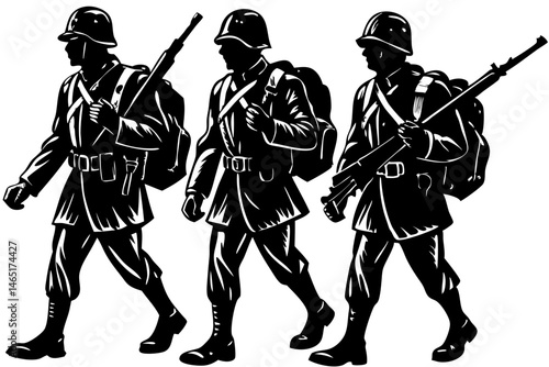 Three soldiers walking in line each carrying weapon in silhouette design, soldiers, walking, line, army, military, silhouette, vector, uniform, weapon, war, protection, force, defense, troops