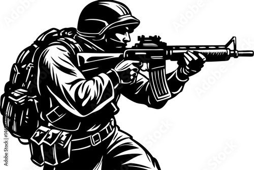 Soldier silhouette in side profile aiming gun vector on white background, soldier, silhouette, military, profile, aiming, gun, rifle, weapon, army, war, combat, vector, side view, man, male, person