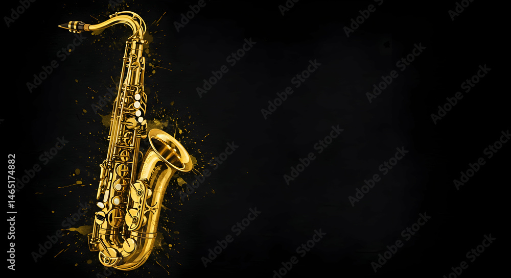 Obraz premium Elegant Gold Saxophone on Dark Background with Artistic Splashes