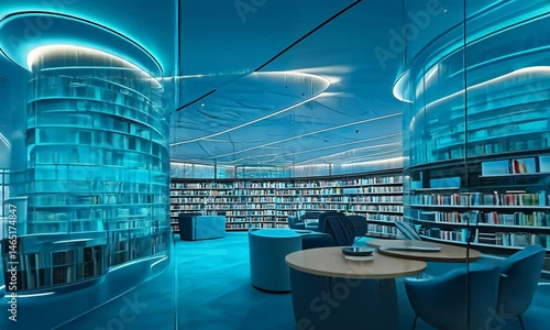 Modern library interior with curved glass walls.