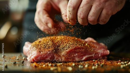 Fototapeta Naklejka Na Ścianę i Meble -  Spreading spice rub on a raw pork shoulder
