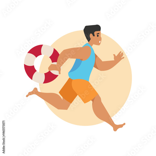 Illustration of Lifeguard Running with Lifebuoy