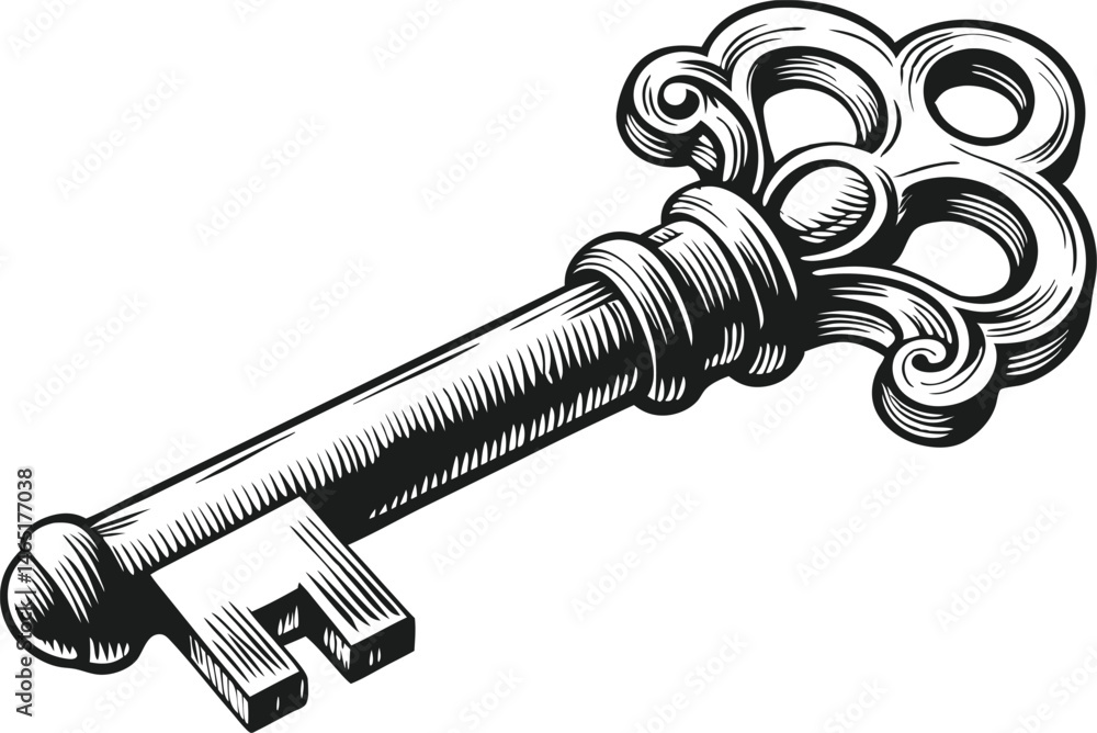 Fototapeta premium Engraved hand-drawn illustration of an old-fashioned key with ornate Victorian details and symmetrical etching for vintage design use