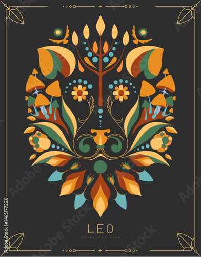 Modern magic witchcraft card with astrology Leo zodiac sign with floral ornament. Vector illustration