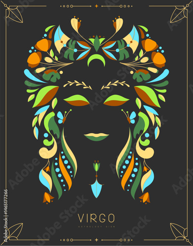 Modern magic witchcraft card with astrology Virgo zodiac sign with floral ornament. Vector illustration