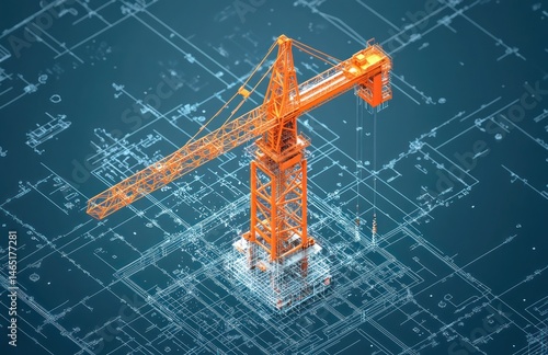 Orange crane positioned over complex blueprint. Detailed 3D model of construction