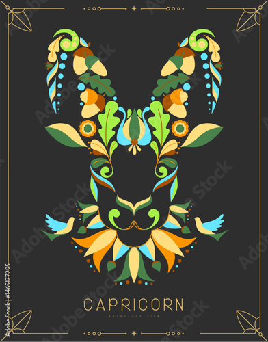 Modern magic witchcraft card with astrology Capricorn zodiac sign with floral ornament. Vector illustration