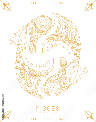 Modern magic witchcraft card with astrology Pisces zodiac sign with floral ornament. Line art vector illustration