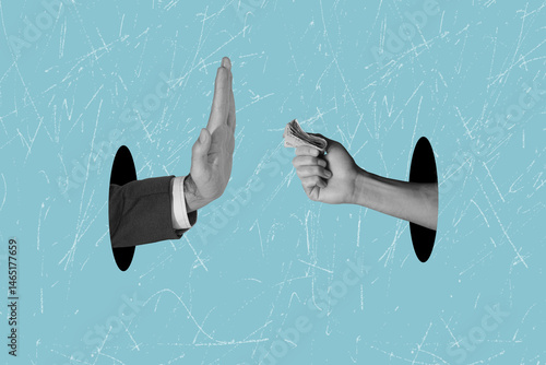 Contemporary art collage on the theme of refusing a bribe. Honest work	
