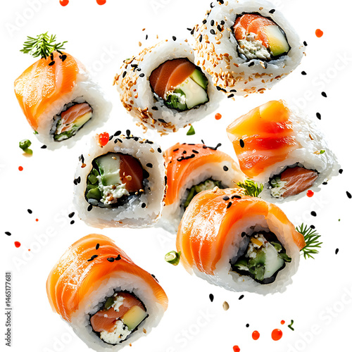 Sushi Rolls Flying Through the Air With Slices of Fish Isolated on Transparent Background
