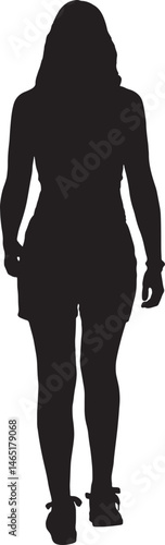  vector silhouette, back view of teen girl dressed in shorts and top walking