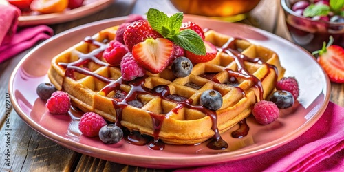 Delicious breakfast treat with pink waffle topped with brown syrup and fresh fruit, healthy, breakfast dish