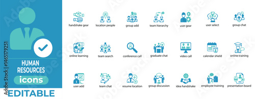 Modern, editable vector icons for HR, recruitment, and teamwork,perfect for corporate, business, and employee management visuals