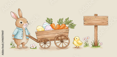 Happy Easter card with watercolor cute Easter Peter rabbit, eggs, spring flowers in pastel colors