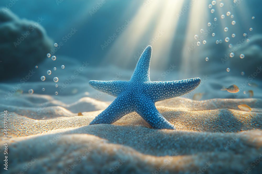 Vibrant underwater scene showcases bright blue starfish resting on sandy ocean floor, illuminated by beams of sunlight filtering through water, creating serene atmosphere Vibrant underwater scene showcases bright blue starfish resting on sandy ocean floor, illuminated by beams of sunlight filtering through water, creating serene atmosphere