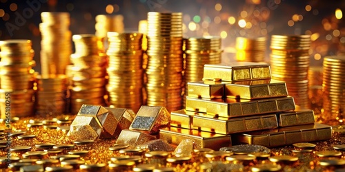 Glittering gold bars stacked neatly in a tower, surrounded by stacks of coins and precious jewels , wealth