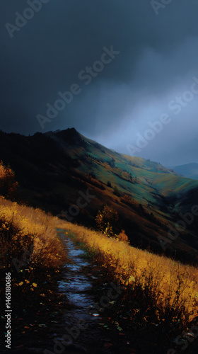 Autumn path over gloomy hills scenic declension landscape painting profile duwxuuu