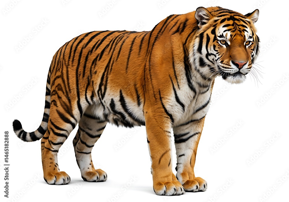 Obraz premium A full body shot of a bengal tiger standing on a white background with visible stripes and fur texture
