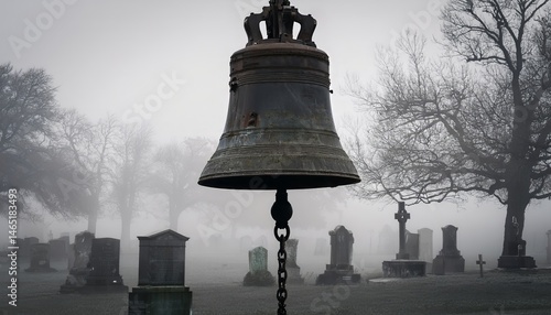 Wallpaper Mural Foggy cemetery with a large bell amidst gravestones on a quiet morning Torontodigital.ca