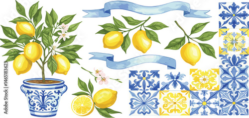 Watercolor mediterranean set, juicy lemons, leaves, flowers, Italian tiles