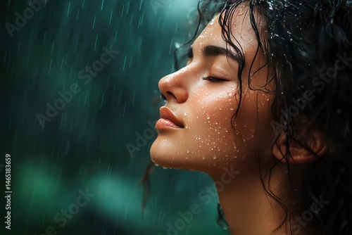 Woman with curly hair enjoying rain, eyes closed, with droplets on her face in a lush green forest