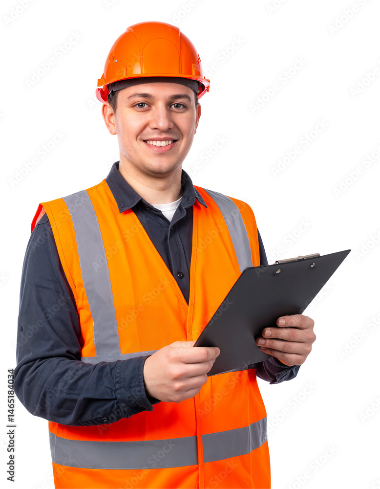 Smiling construction worker holding clipboard on site Smiling construction worker holding clipboard on site