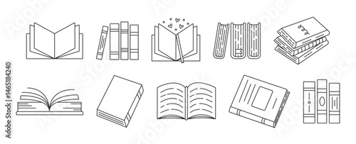 Black line book icon set isolated on transparent background, printed products vector monochrome signs in different variations, back to school simple doodle collection with editable strokes