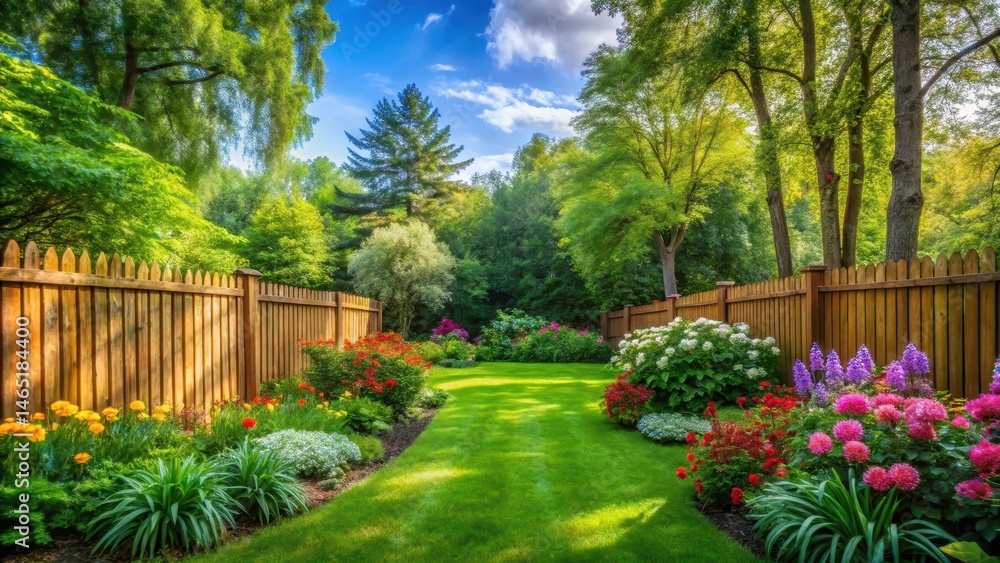Obraz premium A serene green yard enclosed by a large wooden fence, complete with lush trees and vibrant flowers, surrounded by a tranquil atmosphere
