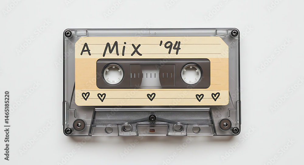 Fototapeta premium A vintage audio cassette tape, clearly a personalized mixtape, is presented in a flat lay view