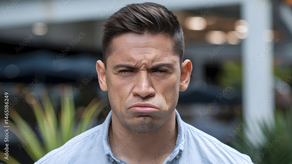 Man with a displeased expression on his face. His eyebrows are furrowed, and his lips are pursed in a frown. The overall image conveys dissatisfaction or displeasure. Man with a displeased expression on his face. His eyebrows are furrowed, and his lips are pursed in a frown. The overall image conveys dissatisfaction or displeasure.