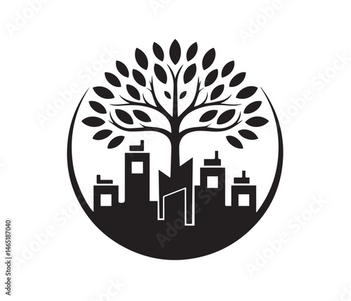 Tree icon, city icon, city logo, Green City Silhouette with Tree, Wind Turbine, and Buildings Eco-Friendly Urban Vector Concept.