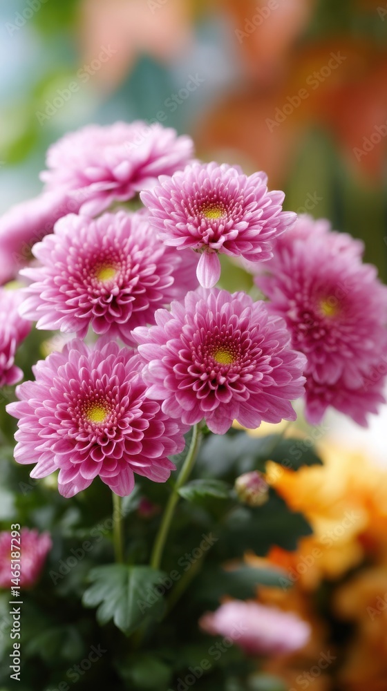 Close-Up of Vibrant Pink Chrysanthemum Flowers Blooming in Garden Close-Up of Vibrant Pink Chrysanthemum Flowers Blooming in Garden