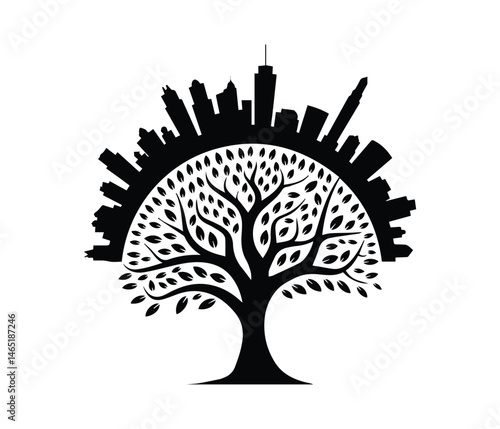 Tree icon, city icon, city logo, Green City Silhouette with Tree, Wind Turbine, and Buildings Eco-Friendly Urban Vector Concept.
