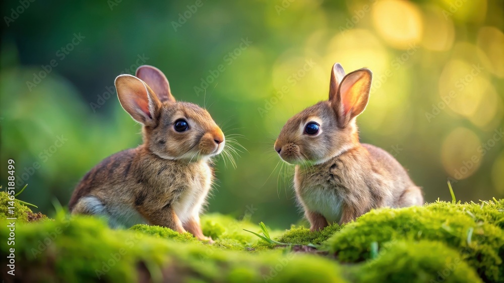 Two young rabbits sitting on a mossy forest floor, looking at each other with curious expressions , wildlife, nature Two young rabbits sitting on a mossy forest floor, looking at each other with curious expressions , wildlife, nature