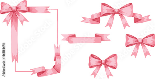 Pink frames set of watercolor ribbon and bow