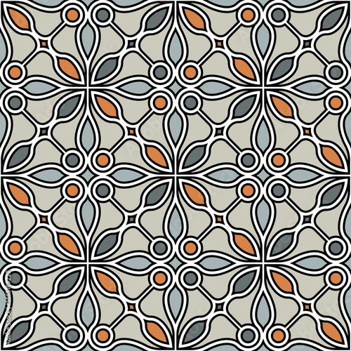 Seamless floral pattern with an ornamental grid of geometric orange and grey flowers and leaves outlined with a black stroke on a light grey background. Modern Islamic style. Vector illustration.