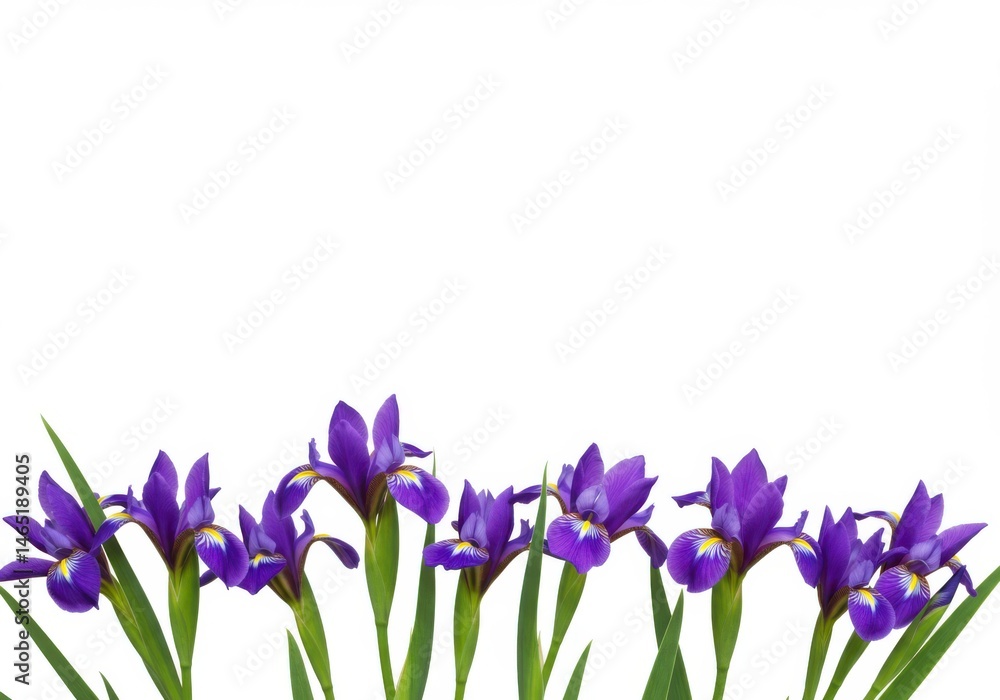 Row of purple iris flowers with green stems and leaves below space isolated on white background Row of purple iris flowers with green stems and leaves below space isolated on white background