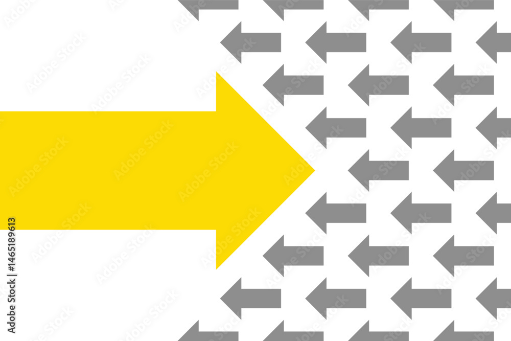 Yellow arrow defying gray arrows on a transparent background Yellow arrow defying gray arrows on a transparent background