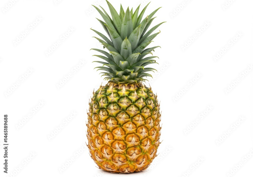 A single whole pineapple with green leaves standing upright view isolated on white background A single whole pineapple with green leaves standing upright view isolated on white background